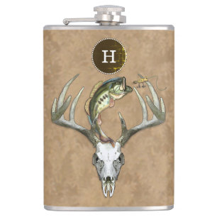 Hunting Fishing Antlers Bass Monogram Initial Hip Flask