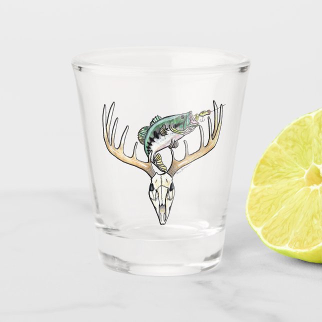 Hunting Fishing Bass with Deer Skull Shot Glass (Front)