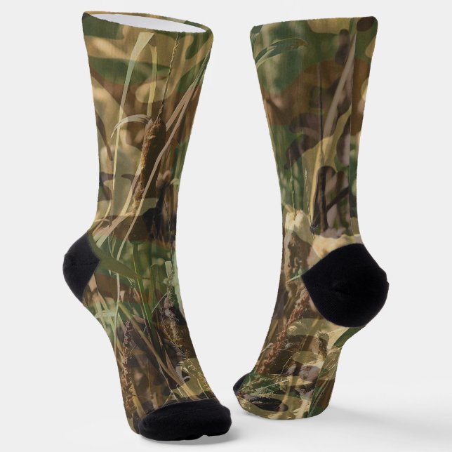 Hunting Fishing Bulrush Camouflage Camo Print Socks (Angled)