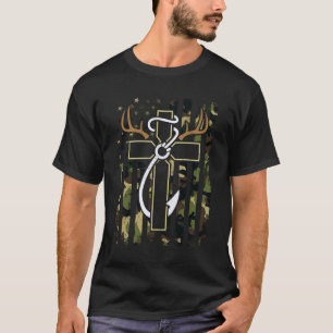 Hunting Fishing Faith Cross Deer Antlers Hook USA  T-Shirt