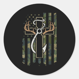 Hunting Fishing Faith Deer Antlers Cross Hook Chri Classic Round Sticker