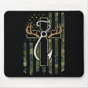 Hunting Fishing Faith Deer Antlers Cross Hook Chri Mouse Mat
