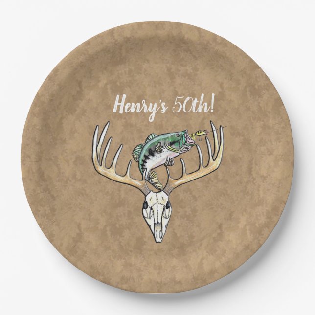 Hunting Fishing Happy 50th Birthday Party Paper Plate (Front)