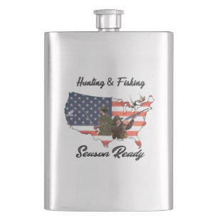 Hunting & Fishing T-Shirt Trucker Hat Button Tape Hip Flask