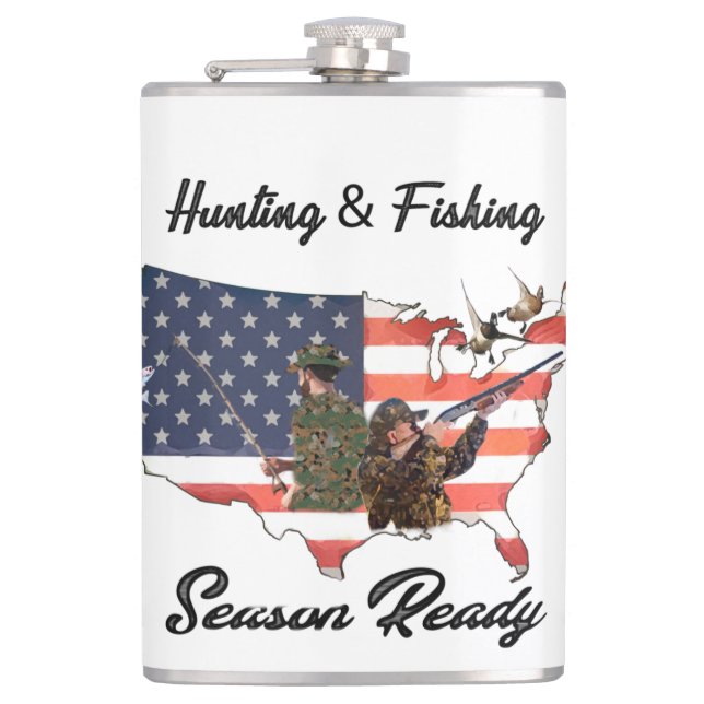 Hunting & Fishing  T-Shirt Trucker Hat Button Tape Hip Flask (Front)