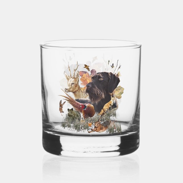 Hunting, German Wirehaired Pointer Whiskey Glass (Front)
