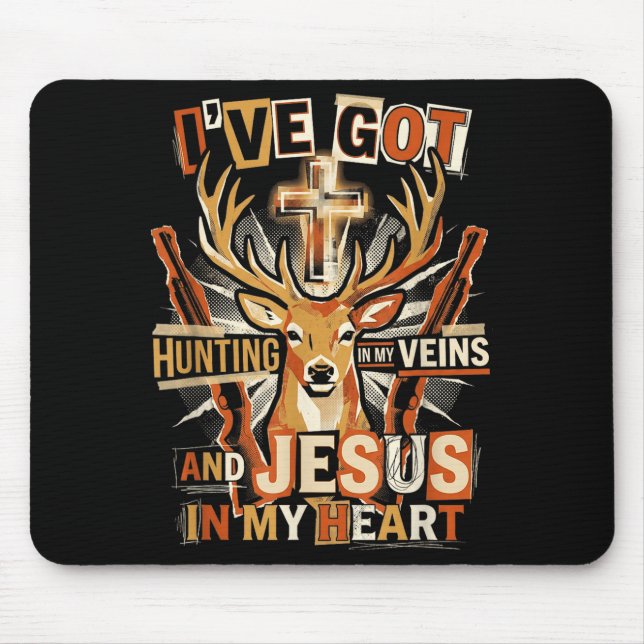 Hunting In My Veins Jesus In Heart Christian Deer  Mouse Mat (Front)