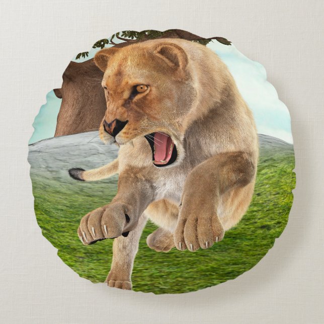 Hunting Lioness Round Cushion (Front)
