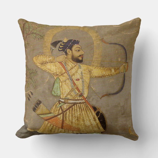 Hunting Maharaja Gold/Taupe Mughal Throw Pillow (Front)