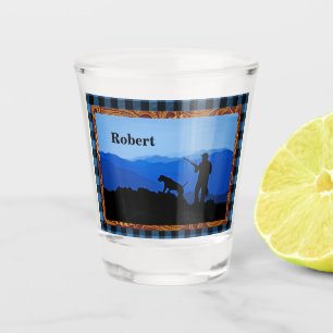 Hunting Man with Dog Leather Plaid Trim Personaliz Shot Glass