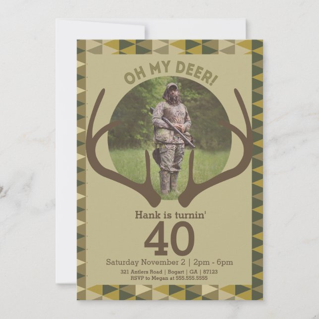 Hunting Men's Camo Deer Antlers Birthday Invitation (Front)
