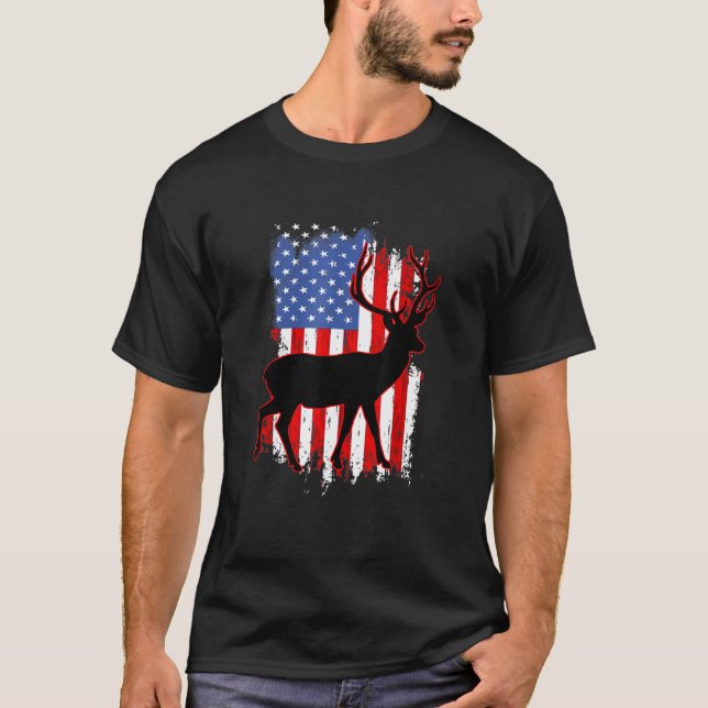 Hunting Patriotic Hunter Hunt Deer Usa Us Flag T-Shirt (Front)