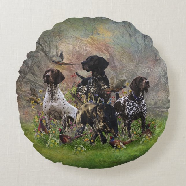 Hunting pheasant  with GSP Round Cushion (Front)