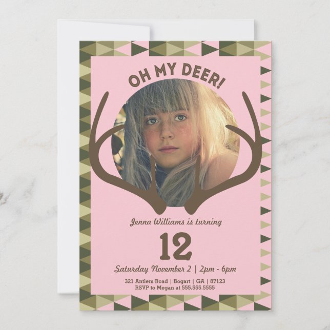 Hunting Pink Camo Girl's Antlers Birthday Invitation (Front)