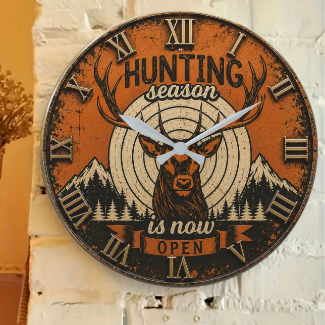 Hunting Season Is Now Open Hunter Cabin Large Clock (Creator Uploaded)