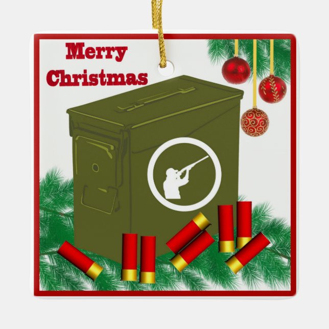 Hunting Shooting Sports Ammo Can Merry Christmas Ceramic Ornament (Front)