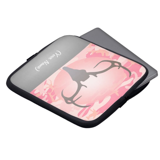 Hunting Theme Deer Antlers Pink Speckled Camo Laptop Sleeve (Front Top)