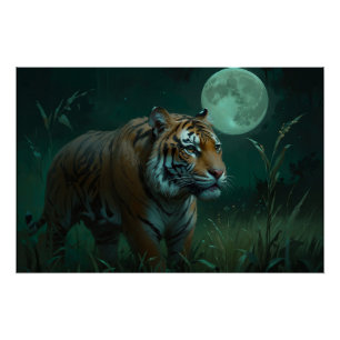 Hunting Tiger & Full Moon Poster