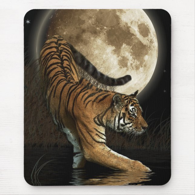 Hunting Tiger & Full Moon Wildlife Art Mouse Mat (Front)