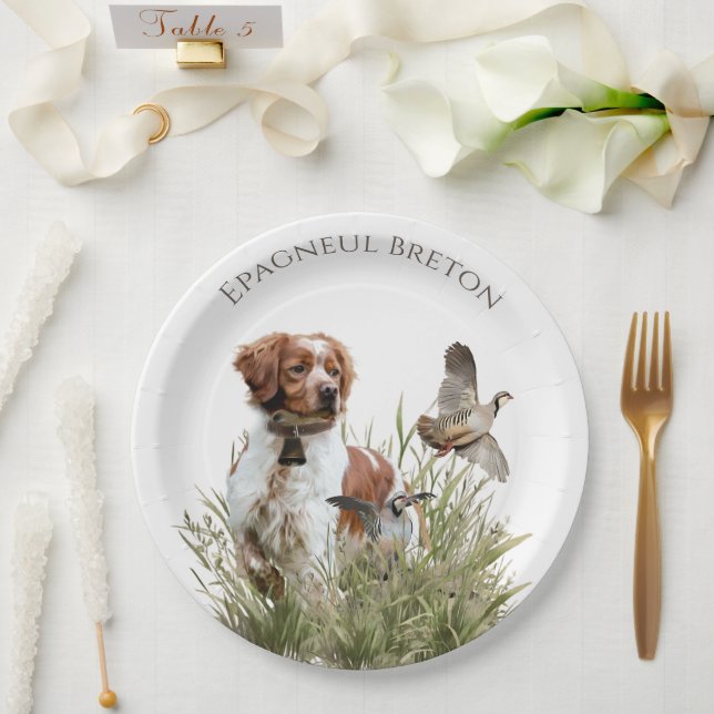 Hunting with a Brittany dog, Art  Paper Plate (Wedding)