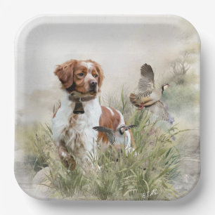 Hunting with a Brittany dog, Art Paper Plate