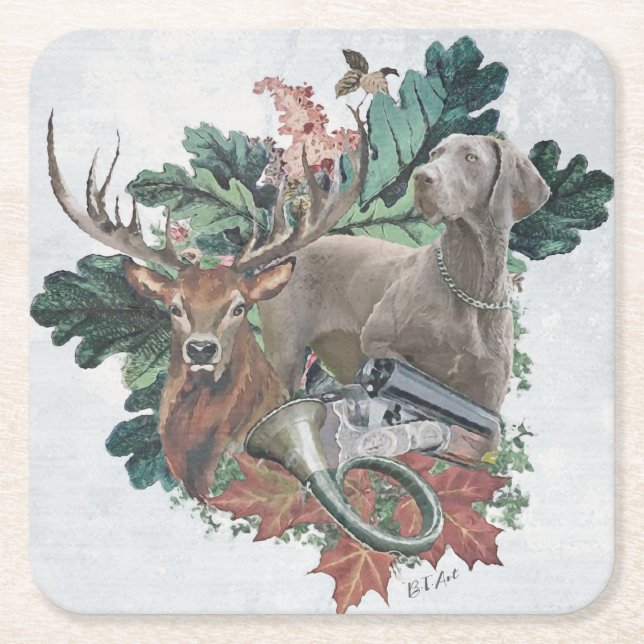 Hunting with a Weimaraner, "Grey Ghost"    Square Paper Coaster (Front)