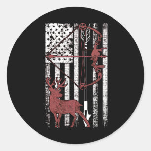 Hunting with American Flag Bow Hunting Classic Round Sticker