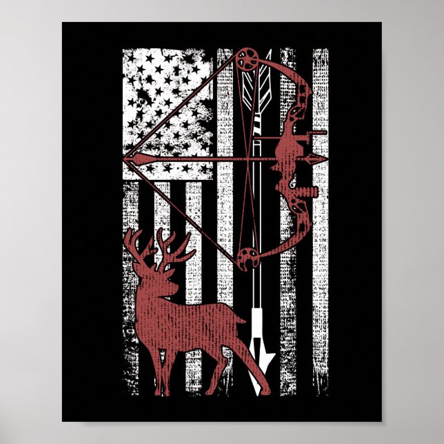 Hunting with American Flag Bow Hunting Poster (Front)