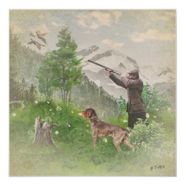 Hunting with German Wirehaired Pointer  Tapestry Poster (Front)