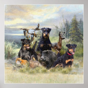 Hunting with Jagdterriers , Art Poster