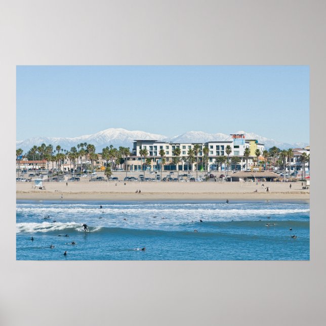 Huntington Beach and Snow Capped Mountains Poster (Front)