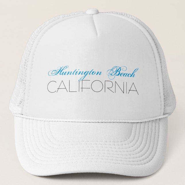 Huntington Beach, CALIFORNIA Blue and Black Trucker Hat (Front)