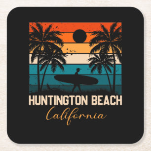 Huntington Beach California Palms Vacation Trip Square Paper Coaster