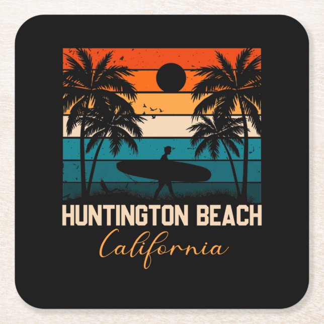 Huntington Beach California Palms Vacation Trip Square Paper Coaster (Front)