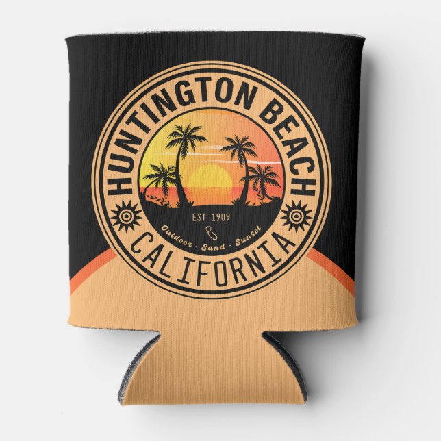 Huntington Beach California Retro Sunset 60s Can Cooler (Front)
