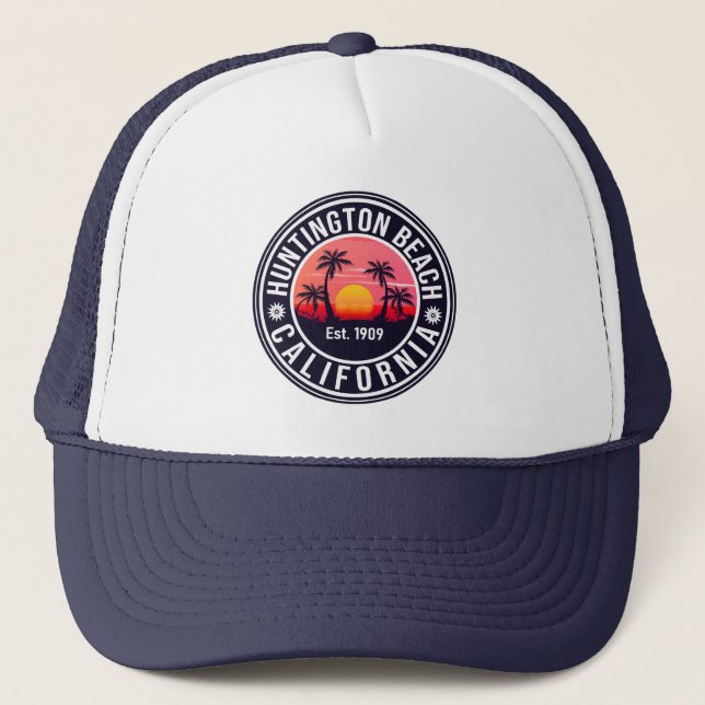 Huntington Beach California Retro Sunset Souvenirs Trucker Hat (Front)