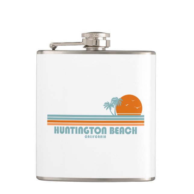 Huntington Beach California Sun Palm Trees Hip Flask (Front)