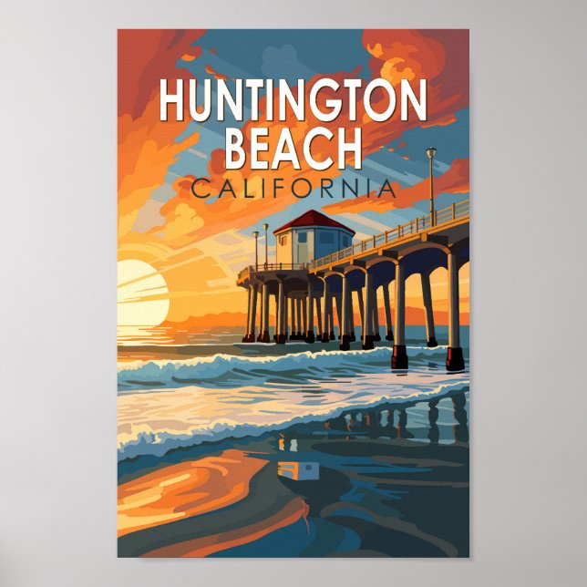 Huntington Beach California Travel Art Vintage Poster (Front)