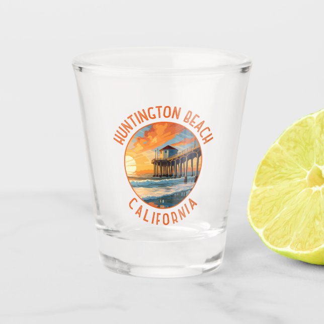 Huntington Beach California Travel Art Vintage Shot Glass (Front)