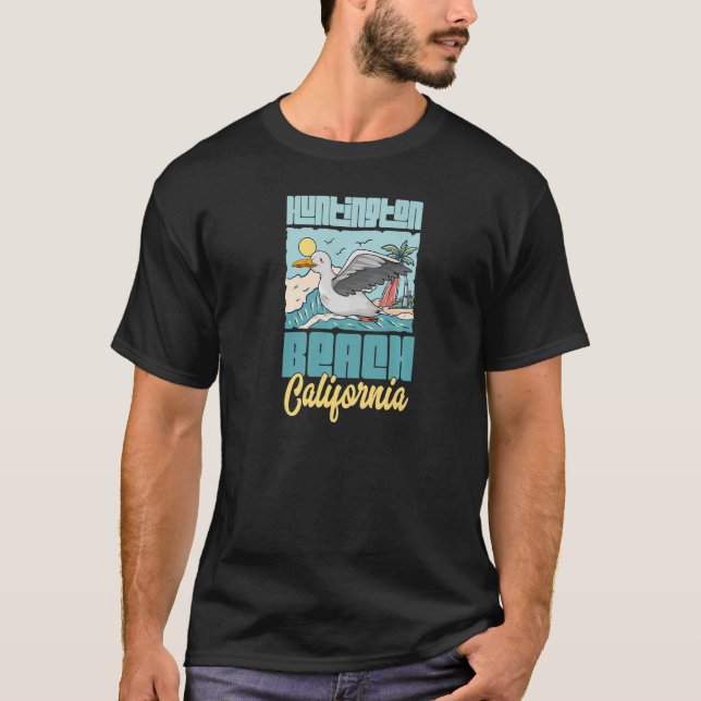 Huntington Beach California Vacation Seagull Surfi T-Shirt (Front)