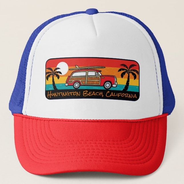 Huntington Beach, California Woody Trucker Hat (Front)