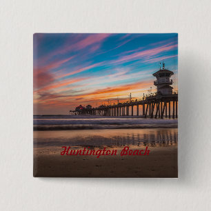 Huntington Beach Pier at sunset 15 Cm Square Badge