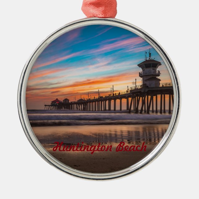 Huntington Beach Pier at sunset Metal Tree Decoration (Front)