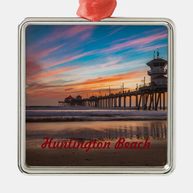 Huntington Beach Pier at sunset Metal Tree Decoration (Front)