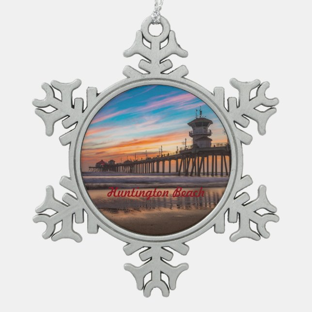 Huntington Beach Pier at sunset Snowflake Pewter Christmas Ornament (Front)
