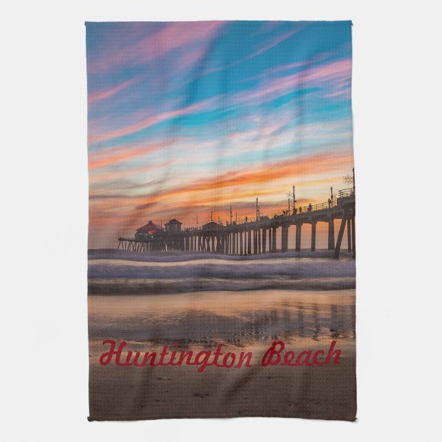 Huntington Beach Pier at sunset Tea Towel (Vertical)