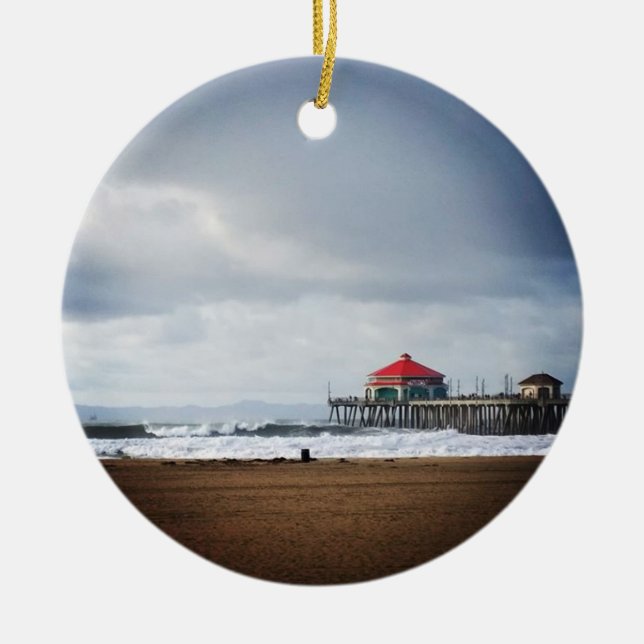 Huntington Beach Pier, CA Ceramic Tree Decoration (Front)