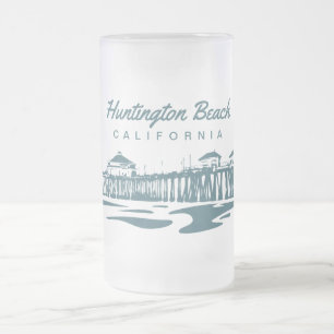 Huntington Beach Pier, CA - Custom Illustration Frosted Glass Beer Mug