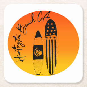 Huntington Beach Surfboards and Sunsets Square Paper Coaster