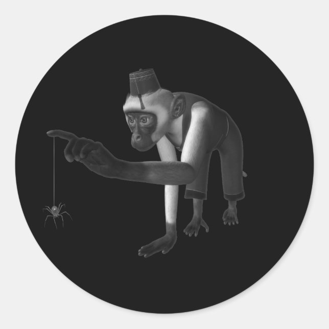 Hurdy Gurdy 3D Music Monkey & Spider Black & White Classic Round Sticker (Front)